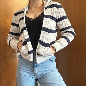 Polo Ralph Lauren Cable-Knit Zip Cardigan with Navy Stripes